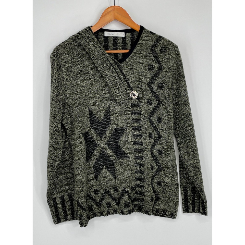 Skovhuus Womens Sweater XL Knit Green‎ Black Geometric Nordic Button